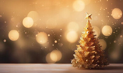 Golden Christmas tree adorned with lights and star.