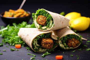 sandwich with falafel next to a bunch of parsley