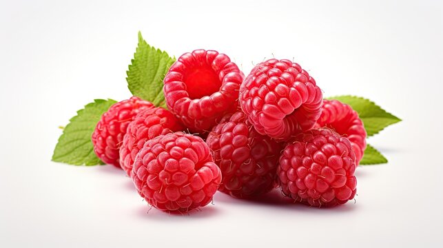  a bunch of raspberries with leaves on a white background.  generative ai