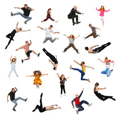 Collage. Happy, joyful people, men, women and children jumping over white background. Good emotions. Concept of freedom, motivation, ambitions, success and lifestyle.