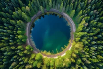 Fotobehang Circular lake forest top view. Above fly. Generate Ai © nsit0108