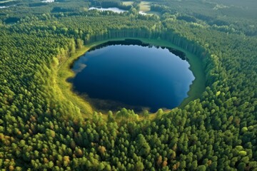 Circular lake in green forest. Wood oval. Generate Ai