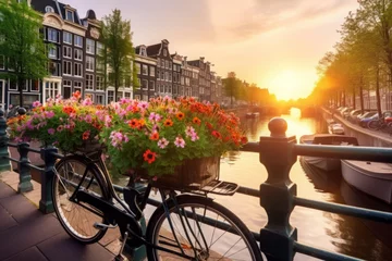 Fotobehang Bicycle amsterdam bridge evening. Road dutch. Generate Ai © nsit0108