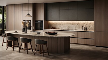 A contemporary kitchen design blending neutral tones with textured surfaces. - obrazy, fototapety, plakaty