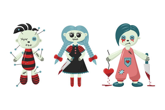 Set Drawing of Creepy doll. Halloween concept.