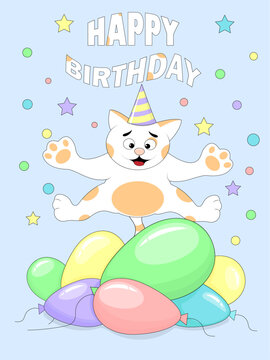 Happy birthday card with cat and balloons