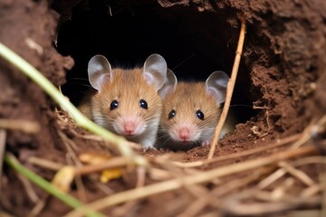 mice couple watching over their newborns in a burrow