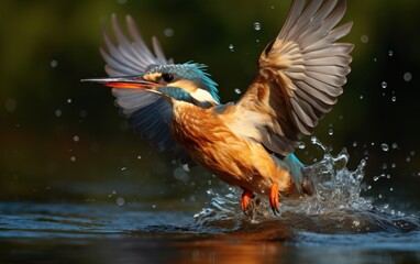 Female Kingfisher emerging from the water after