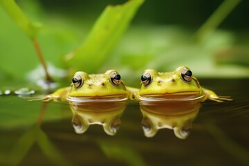 two frogs watching over tadpoles in a pond