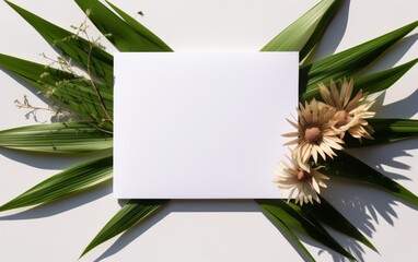 Flat lay composition with blank greeting cards, invitations mock up, envelopes and palm leave on white table background