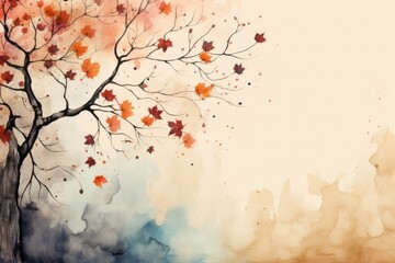 Orange maple leaves fall from the tree and fly in the sky, watercolor autumn landscape