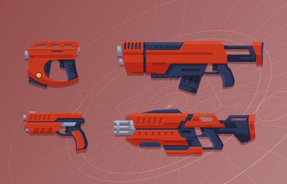 Futuristic weapons for games. Laser weapons of the future. Space blasters. Futuristic pistols, rifles, assault rifles. Vector illustration