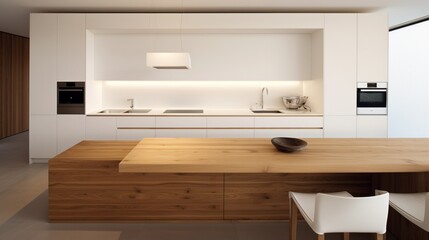 A modern kitchen characterized by a harmonious mix of natural wood and sleek white surfaces.