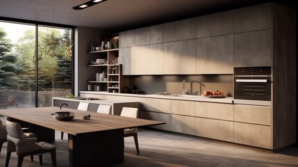 A modern kitchen design blending neutral tones with textured surfaces.