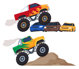 Monster trucks. Big cars with big tires for extreme shows. Powerful off-road machines. Vector illustration © Igor