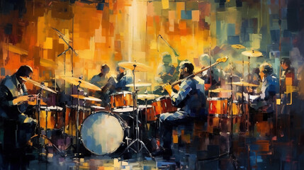 Musicians in a Bar Drums Bass Dancers Oil Panting Abstract Art Background
