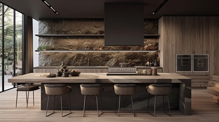 A modern kitchen with a mix of organic textures and refined finishes.