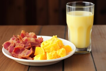 bacon and scrambled eggs next to a cup of orange juice