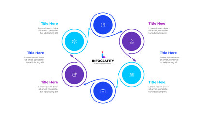 Circles with thin lines. Template for cycle diagram with 6 options, parts, steps or processes