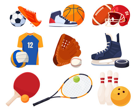 Sports equipment in cartoon style. Balls and shoes for sports games. Collective sports competitions. Vector illustration