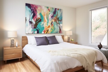 bedroom with a large canvas art piece as the focal point