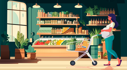 happy pregnant woman future mom with trolley cart choosing groceries pregnancy motherhood expectation concept grocery shop interior