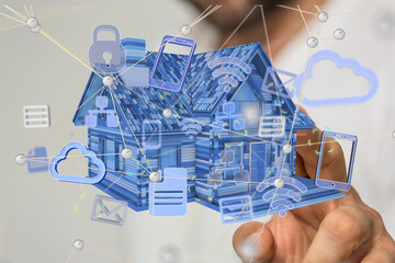 home iot - Neural network 3D illustration. Big data and cybersecurity