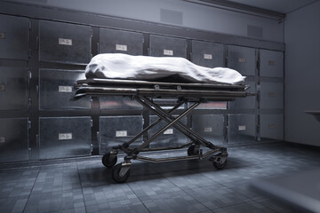 A deceased person lying on a table in a morgue, covered with a white sheet - 659557878