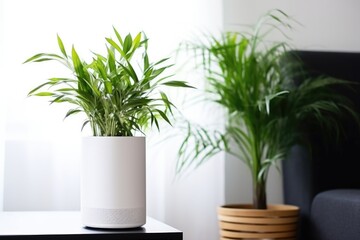 white air purifier ner a green houseplant