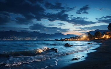 scenic panorama with full moon on sea to night
