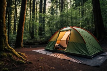 a tent setup in a free camping site in a forest