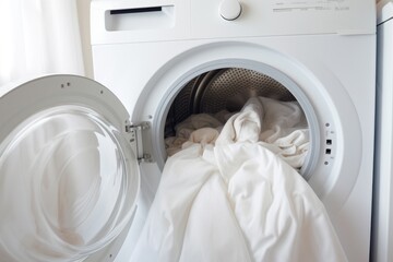 open washing machine filled with hypoallergenic bedding