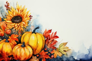 Naklejka na ściany i meble Watercolor pumpkins, sunflower, berries and autumn foliage on the side on a white background