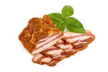 Homemade smoked porkbrisket with garlic and spices, isolated on white background.