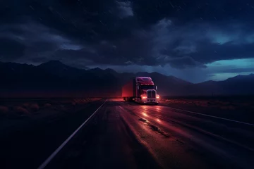 Zelfklevend Fotobehang Fantasy road trip lights truck. Full travel. Generate Ai © nsit0108