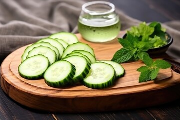 fresh cucumber slices on a wooden board