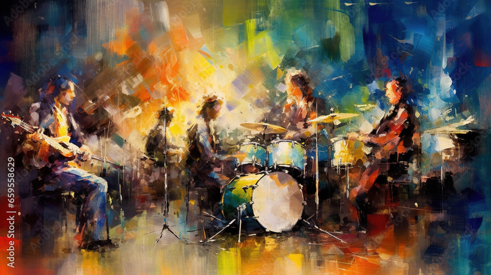 Wall mural Musicians in a Bar Drums Bass Dancers Oil Panting Abstract Art Background