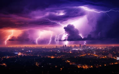 Foto op Plexiglas Lightning storm over city in purple light © Tisha