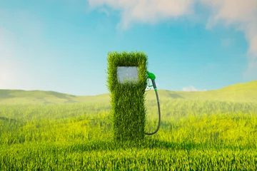 Fotobehang Fuel dispenser with a gas pump nozzle covered by green grass. Eco-friendly fuels © Dabarti