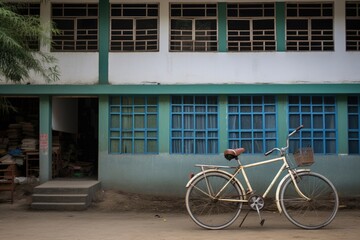 Fototapeta na wymiar bicycle parked in front of dormitory building
