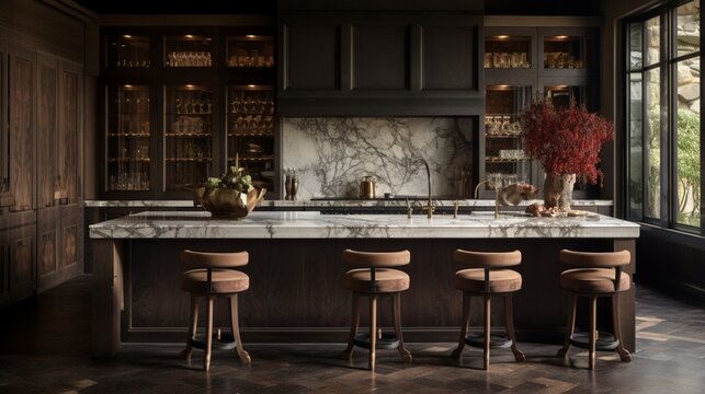 A designer kitchen with opulent marble backsplash and bespoke cabinetry.