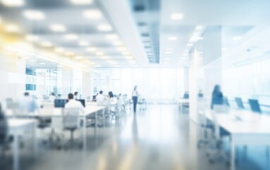 Abstract White blurred interior modern office space with business people working banner background with copy space