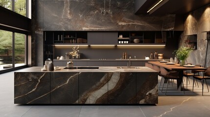 A stylish kitchen boasting a combination of natural stone and glossy finishes.