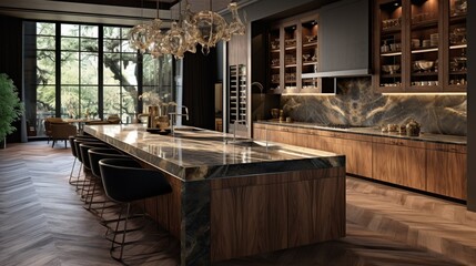 A sumptuous kitchen characterized by a fusion of wooden and marble surfaces.
