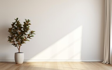 Fototapeta na wymiar Plant against a white wall mockup. White wall mockup with brown curtain, plant and wood floor