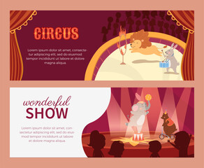 Cartoon circus animals vector flyers set, carnival entertainment with wild animal performing acrobat tricks on stage