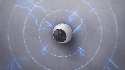 Rotating security camera with AI recognition installed on the wall. 3D visual effects shows wireless internet connection with modern CCTV camera or data transfer. VFX animation. Surveillance system.