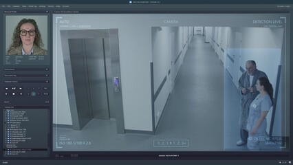 Playback CCTV cameras in modern clinic on PC screen. User interface of surveillance system program...