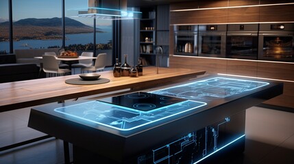 An innovative kitchen with touchscreen countertops and wireless charging capabilities.