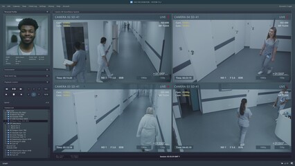 Playback CCTV cameras in modern hospital on computer screen. User interface of surveillance system...